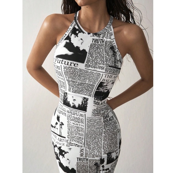 Newspaper Print Tank Dress Midi Fitted Sleeveless Stretchy - Picture 3 of 16